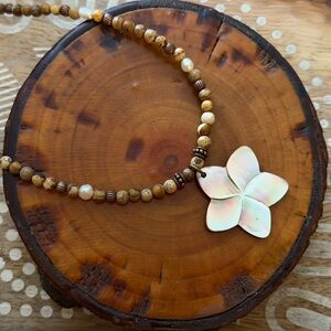 New Freshwater Pearl & Picture Jasper Beaded Necklace With Plumeria Pendant